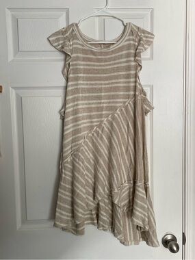 Free People size Small Linen Blend Striped Beige & White Ruffle Hem Mini Dress